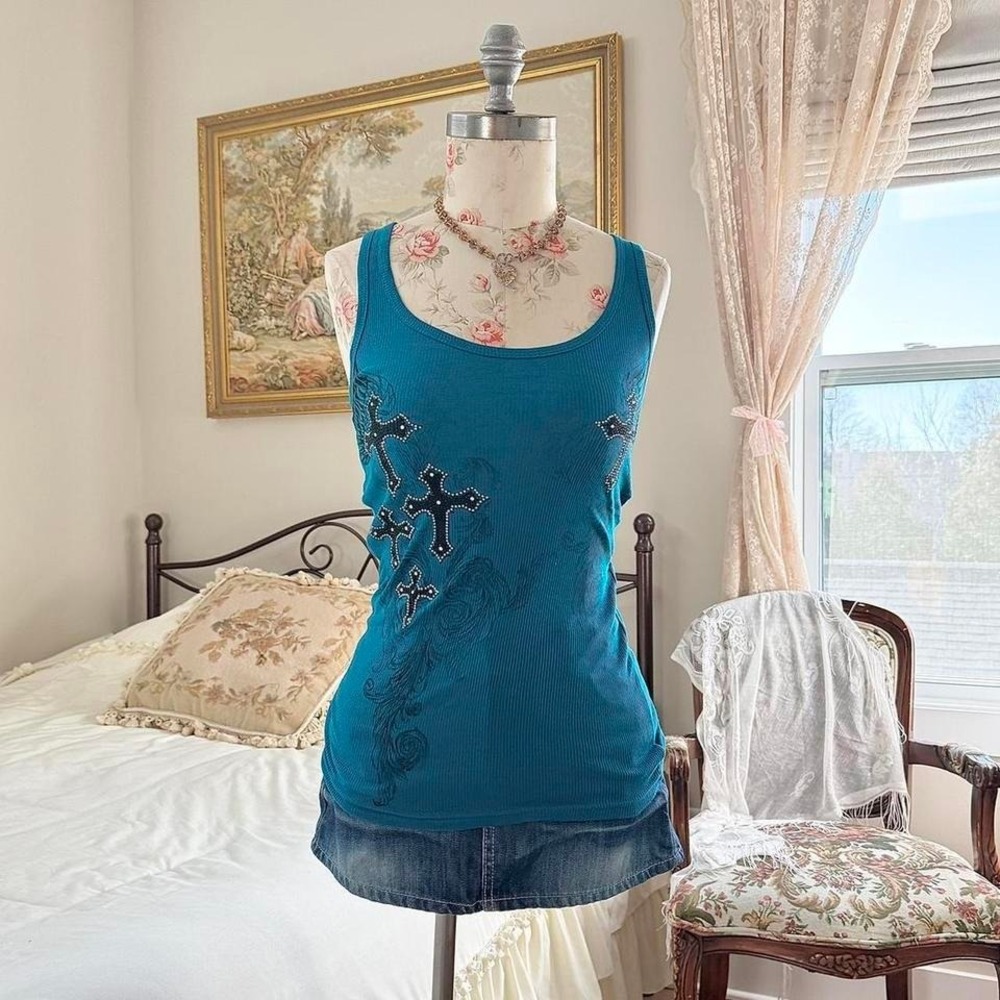 blue rhinestone mcbling tank  y2k zona libre blue graphic tank top size medium